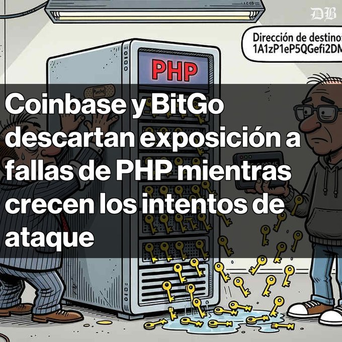 A Spanish-language news graphic shows an illustration of a “PHP” server spilling keys, overlaid with the headline: “Coinbase y BitGo descartan exposición a fallas de PHP mientras crecen los intentos de ataque.”