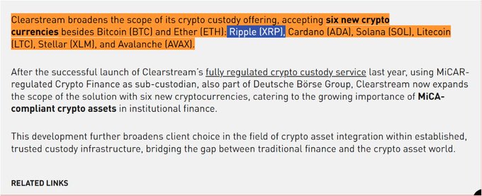 Clearstream expands its MiCA-regulated crypto custody service to include six new cryptocurrencies—Ripple (XRP), Cardano (ADA), Solana (SOL), Litecoin (LTC), Stellar (XLM), and Avalanche (AVAX)—alongside Bitcoin (BTC) and Ether (ETH). The image displays an excerpt from the official announcement, highlighting the broadened scope of Deutsche Börse Group's post-trade arm's regulated crypto custody offering for institutional finance in Europe.