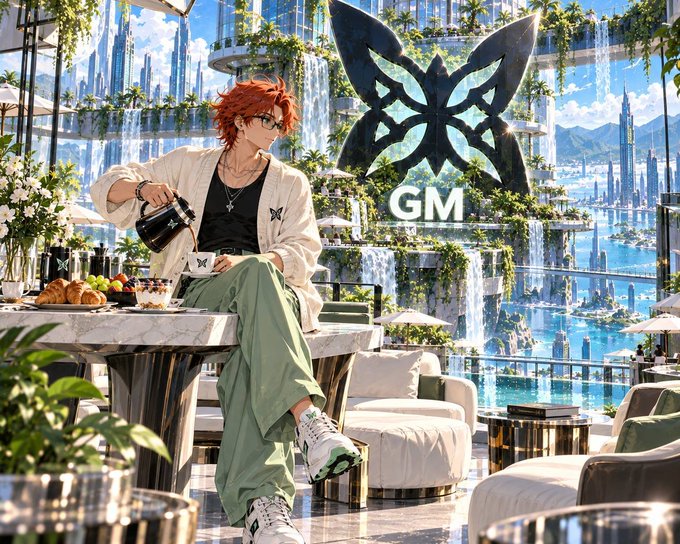 An anime-style illustration of a red-haired character sitting at a table holding a coffee pot, with a large butterfly logo and 'GM' text in a futuristic city setting with waterfalls.