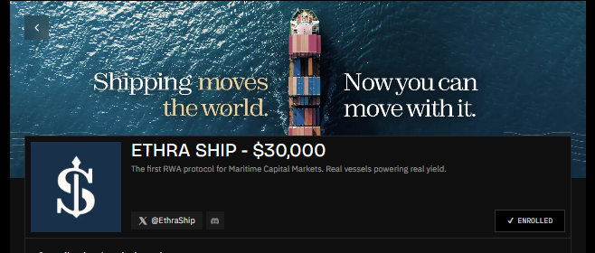 An advertisement for "ETHRA SHIP - $30,000" reads "Shipping moves the world. Now you can move with it." alongside an aerial view of a cargo ship, with the X handle @EthraShip and an "ENROLLED" button.