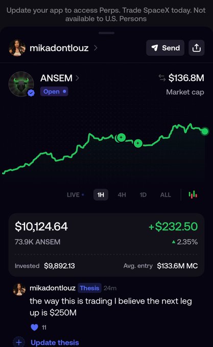 Trading app screen showing an investment in ANSEM with a market cap of $136.8M, current value $10,124.64, up 2.35%, and user's thesis that the next leg up is $250M.