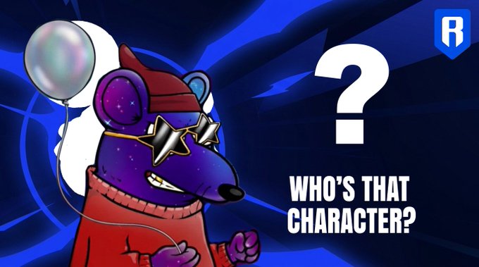 A stylized cartoon illustration features a purple rat-like character wearing star-shaped sunglasses, a red cap, and a red hoodie, holding balloons, with the text 'WHO'S THAT CHARACTER?' displayed prominently on a blue background.