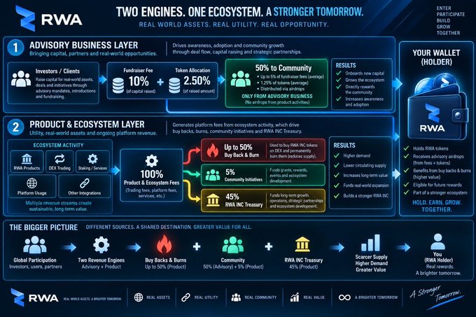 An infographic for 'RWA' detailing a two-engine ecosystem (Advisory Business Layer and Product & Ecosystem Layer) with statistics, flow charts, and the tagline 'TWO ENGINES. ONE ECOSYSTEM. A STRONGER TOMORROW.'