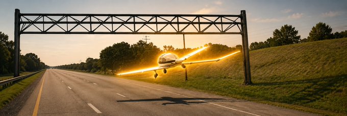 A wide-angle action shot of a small propeller plane flying dangerously low over a highway at sunset, appearing to leave a trail of orange light or fire.