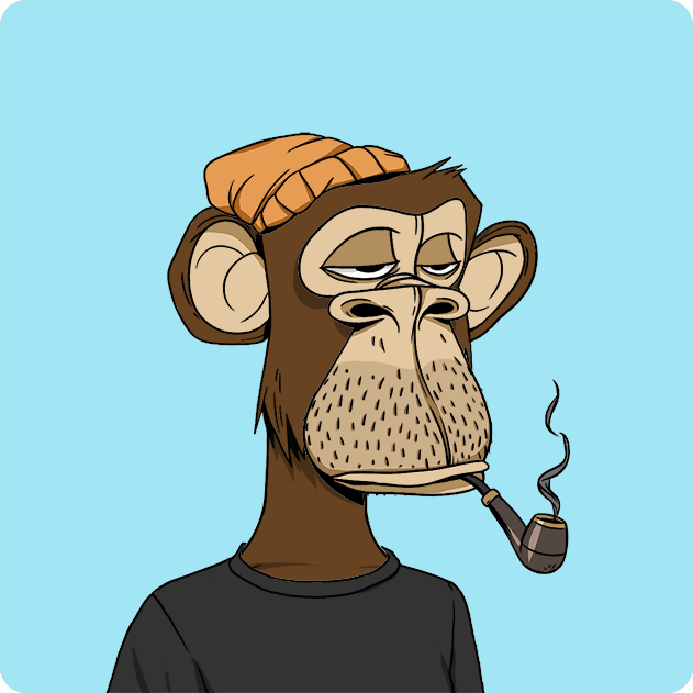 A cartoon illustration of a bored-looking Bored Ape character wearing an orange beanie and smoking a wooden pipe against a light blue background.