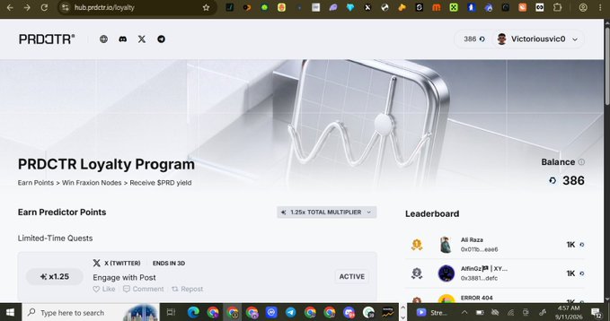 A screenshot of the PRDCTR Loyalty Program webpage showing a balance of 386, a 1.25x total multiplier, and a leaderboard featuring names like 'Ali Reza', 'Africajp', with limited-time X (Twitter) engagement quests active.