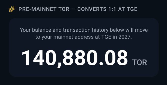 A pre-mainnet balance display showing '140,880.08 TOR' tokens with text indicating 'PRE-MAINNET TOR — CONVERTS 1:1 AT TGE' and a note that balances will move to mainnet address at TGE in 2027.
