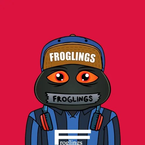 A cartoon frog character wearing a brown cap and shirt with the word 'FROGLINGS' displayed prominently on its hat, mouth, and shirt against a red background.