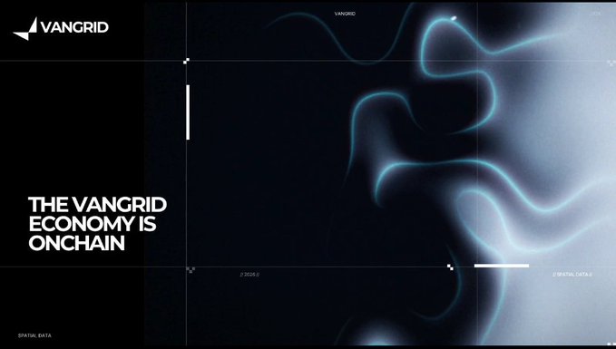 A dark-themed presentation slide from VANGRID titled "THE VANGRID ECONOMY IS ONCHAIN" featuring abstract blue smoke-like patterns over a dark background.
