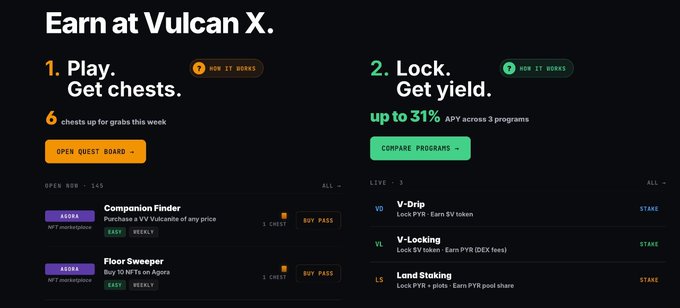 The image features a computer-generated screenshot of a webpage showcasing two different ways for users to earn on the popular cryptocurrency platform, Vulcan X. On one side, there's a black box with white text that says "Earr at Vulcan X", and it displays instructions on how to play games or participate in contests to gain chests and other rewards. The text also mentions an item called "Vulcan X" and a term related to gameplay. 

On the opposite side of the page, there's another black box with white text that says "There are two ways to earn on VulcanX: lock your $PYR or play and win to get chests", providing specific information about the earning methods available in this context. The entire layout of the image is well-organized, making it easy for users to find and understand the relevant options provided by the platform.