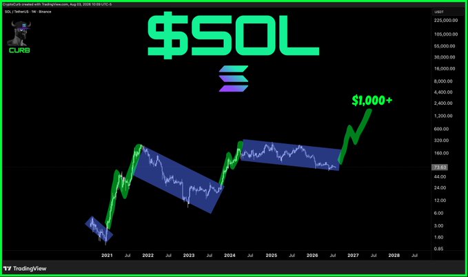 A TradingView chart displays the $SOL/SOLANA price in USDT on Binance, featuring a bullish annotation projecting "$1,000+" alongside a Solana logo, supporting the post's claim that Solana needs more bulls to reach four-figure territory.