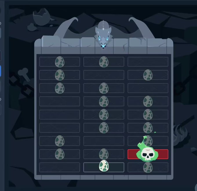 A screenshot from a video game showing a dark dungeon-like menu interface with a grid of egg icons, a dragon head at the top, and a skull-marked green flask item highlighted on the right side.