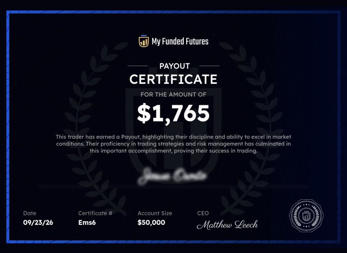 A dark blue payout certificate from My Funded Futures for $1,765, dated 09/23/26, certificate Ems6, with a $50,000 account size signed by CEO Matthew Leech.