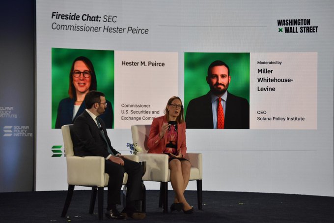 A fireside chat panel titled 'SEC Commissioner Hester Peirce' moderated by Miller Whitehouse-Levine (Solana Policy Institute CEO), with Hester M. Peirce, Commissioner of the U.S. Securities and Exchange Commission, seated on stage.