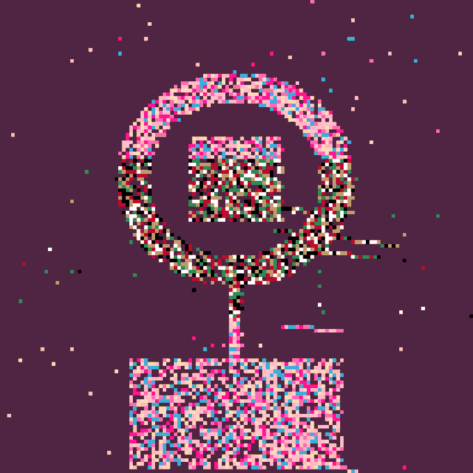 A pixelated, glitch-art style image of a magnifying glass over a QR code against a dark purple background with colorful scattered pixels.