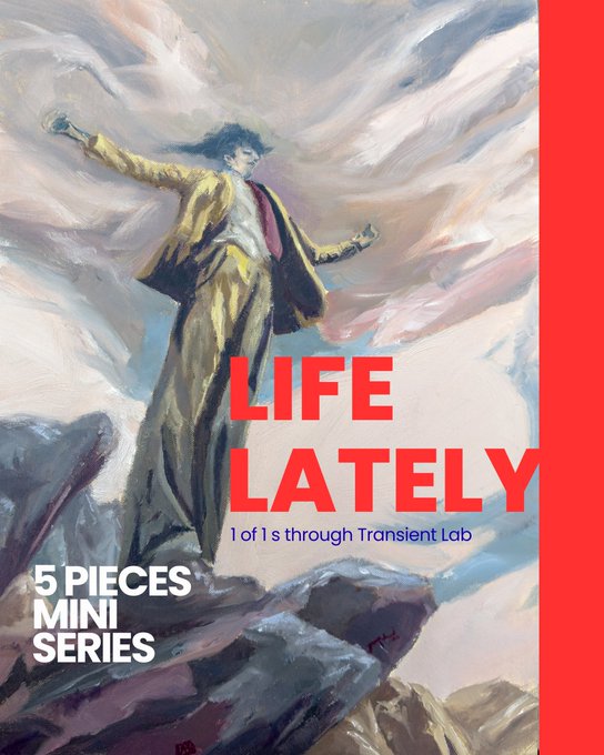 The image features a painting of a man standing on top of a cliff, with his arms outstretched as if he's about to jump off. The background of the painting depicts a cloudy sky, adding an element of drama to the scene. The title "Life Recently" is prominently displayed in red text at the bottom of the image.