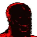 A heavily stylized, high-contrast red and black image of a person's face with a wide, unsettling smile.