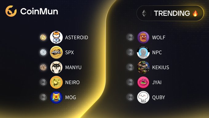 Screenshot of a CoinMun cryptocurrency listing page showing trending meme coins including ASTEROID, SPX, MANYU, NEIRO, MOG, WOLF, NPC, KEKIUS, JYAI, and QUBY.