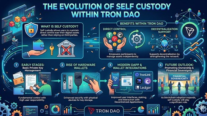 The image presents a visual representation of the evolution of self custody within the blockchain industry, specifically focusing on the cryptocurrency TRON DAO. The diagram illustrates various stages of this process, providing step-by-step explanations about the transition from traditional centralized control to more decentralized systems. Each stage is depicted with different elements such as keychains and physical assets, symbolizing the evolution from direct control to self custody.