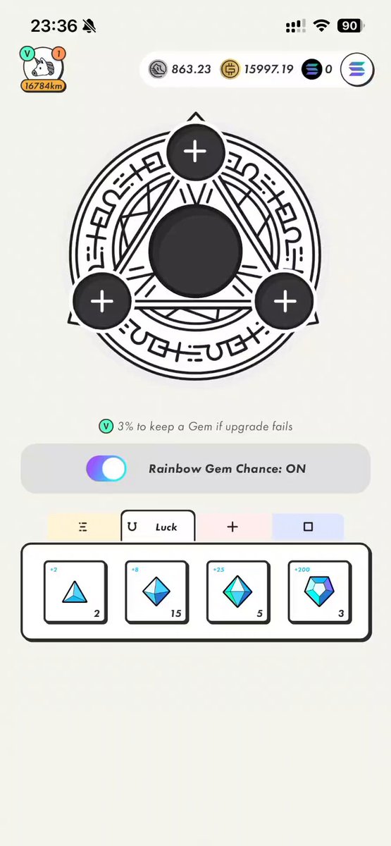 The image shows a phone screen displaying an app icon with a black triangle, surrounded by four blue diamonds. Below the icon are three options for choosing a game level or difficulty setting. The background of the image is white, providing contrast against the black icons on the phone screen.