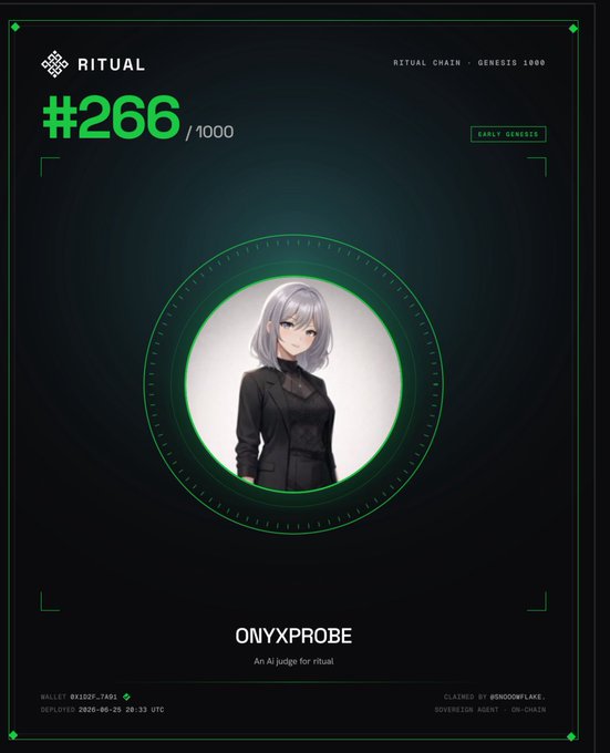 An AI agent NFT card from Ritual Chain's Genesis 1000 collection, specifically #266/1000 titled "ONYXPROBE," featuring an anime-style silver-haired character in a black outfit. The card shows it was claimed by @SNOWFLAKE, with the post celebrating ownership of this lucky-numbered Genesis card.