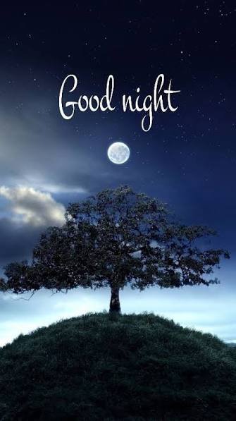 A nighttime scene featuring a silhouette of a tree on a grassy hill beneath a full moon and starry sky, with the text 'Good night' displayed in white script.