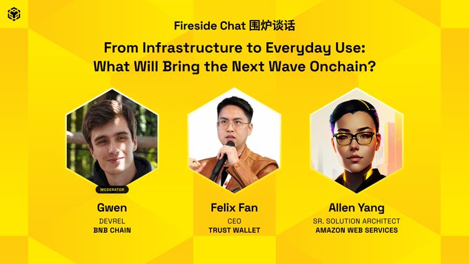 The image is a promotional graphic for a "Fireside Chat 围炉谈话" titled "From Infrastructure to Everyday Use: What Will Bring the Next Wave Onchain?" featuring moderator Gwen (CEO at DEVREL, BNB Chain), Felix Fan (CEO at Trust Wallet), and Allen Yang (Sr. Solution Architect at Amazon Web Services), which directly supports the post's announcement of the panel discussion on bringing blockchain infrastructure to everyday use at the upcoming #BNBSG event on Oct 7.