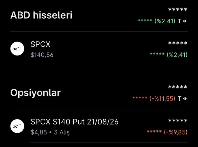 A mobile trading app screenshot in Turkish showing 'ABD hisseleri' (US stocks) with SPCX at $140.56 (+2.41%) and an option for 'SPCX $140 Put 21/08/26' down 9.85%.