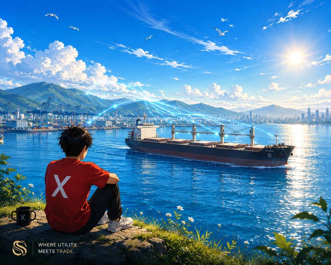 An anime-style illustration of a young man with an 'X' on his red shirt sitting on a cliff overlooking a harbor with a cargo ship, accompanied by the text 'WHERE UTILITY MEETS TRADE' and an 'SX' logo.