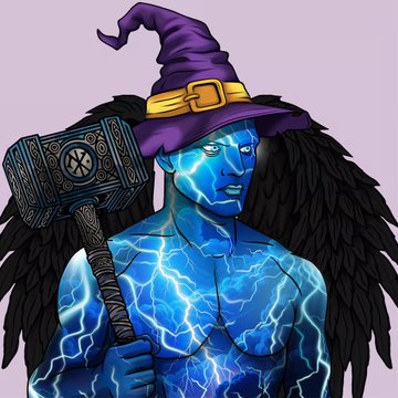 A fantasy illustration of a blue-skinned winged figure holding a large hammer and wearing a purple witch hat with a gold buckle.