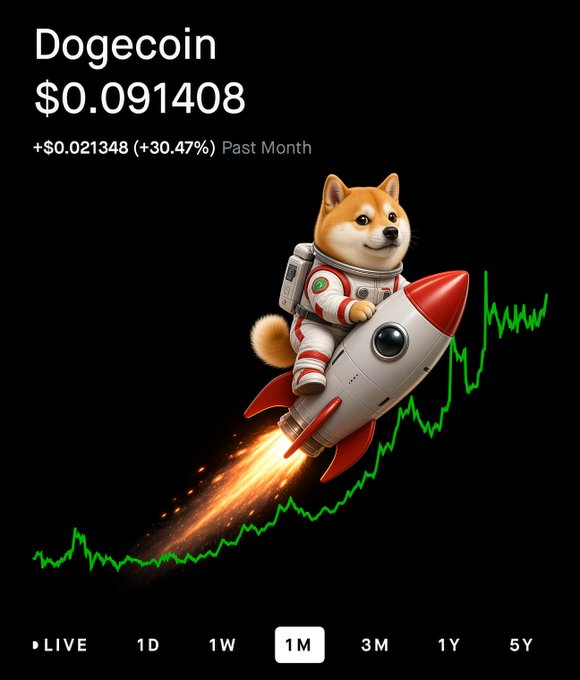 A Dogecoin price chart shows DOGE at $0.091408, up +$0.021348 (+30.47%) over the past month, illustrated by the Shiba Inu mascot riding a rocket along an upward-trending green line—visually reinforcing the post's bullish claim that "we will reach one dollar $DOGE this month."