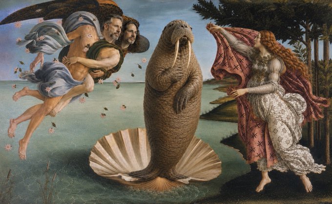 A Renaissance-style painting parodying Botticelli's 'The Birth of Venus,' depicting two figures flying over the sea while Venus emerges from a scallop shell as a walrus with tusks instead of a goddess.