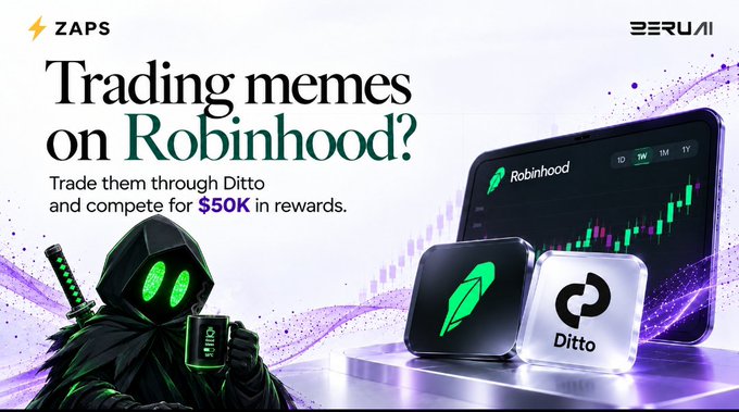 A promotional banner for a $50K trading competition on the Zaps leaderboard, featuring a green-eyed hooded figure with a sword and mug alongside Robinhood and Ditto logos, advertising that traders can compete for rewards by trading memes through Ditto Network in partnership with Zeru Finance.