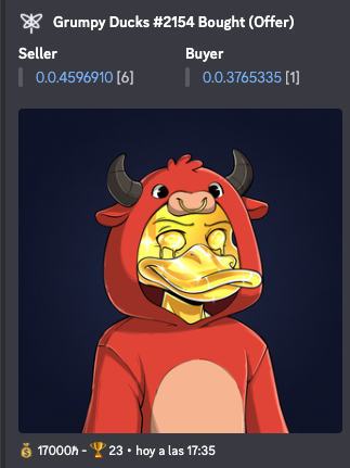 An NFT marketplace listing for "Grumpy Ducks #2154 Bought (Offer)" showing a cartoon duck character in a red bull costume hoodie, with seller and buyer prices in ETH.