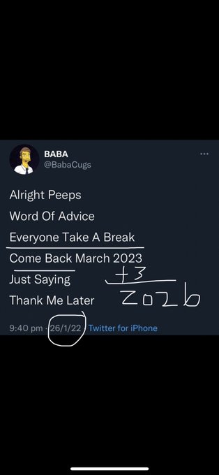 A screenshot of a Twitter/X post from user 'BABA' (@BabaCugs) dated 26/1/22, advising followers to 'Everyone Take A Break' and return in March 2023, with handwritten text 'Zub' added.