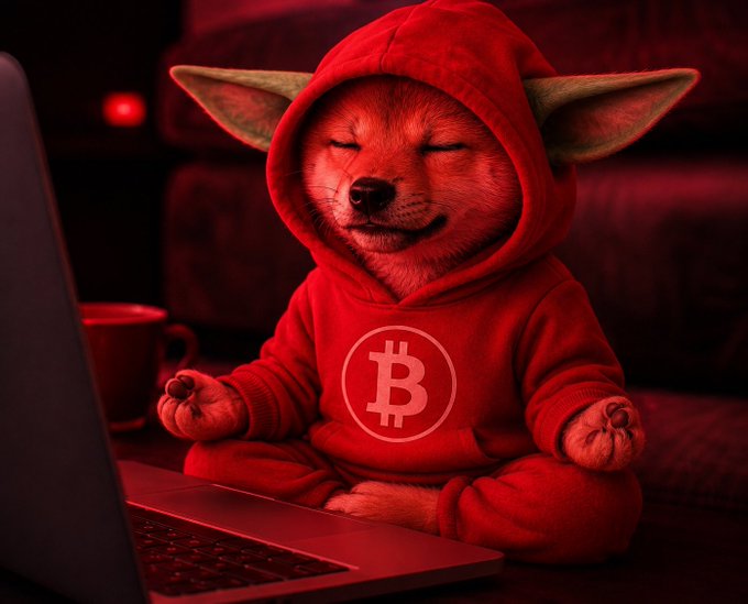 The image features a dog wearing a red hoodie with a white Bitcoin symbol, sitting next to an open laptop computer. The background of the photo shows a couch and a coffee table. The caption "In $DOG we trust" suggests that the dog is associated with Bitcoin or cryptocurrency in some way.