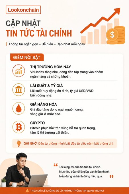 A Vietnamese-language financial infographic titled 'CẬP NHẬT TIN TỨC TÀI CHÍNH' from 'Lookonchain' lists market highlights including VN-Index, exchange rates, commodity prices, and Crypto (Bitcoin).