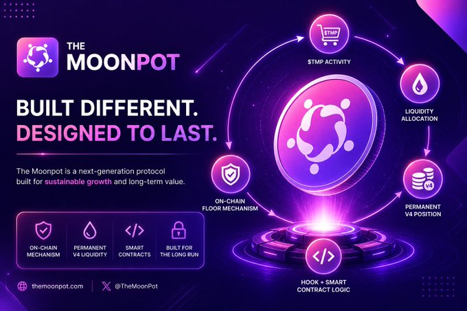 A promotional graphic for 'The Moonpot' cryptocurrency protocol with the tagline 'Built Different. Designed to Last,' featuring icons for $TMP Activity, Liquidity Allocation, Permanent V4 Position, Hook + Smart Contract Logic, and an On-Chain Floor Mechanism.