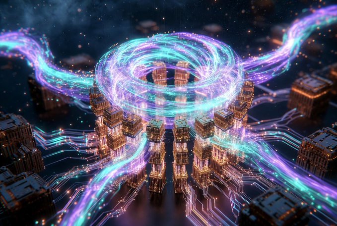 A digital illustration of a glowing cyan and purple energy vortex spiraling over a circuit board cityscape.