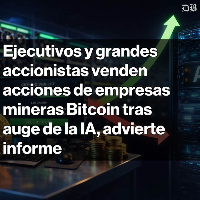 A background image of server racks with a cryptocurrency trading interface, overlaid with Spanish text reading: 'Ejecutivos y grandes accionistas venden acciones de empresas mineras Bitcoin tras auge de la IA, advierte informe.'