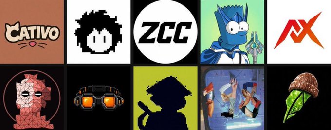 A grid of NFT project logos featuring Cativo, BLNK, ZCC (Zero Cat Club), Alpha Simps, and other collections, displayed alongside an August 18 NFT mints announcement listing their Ethereum prices and supply.