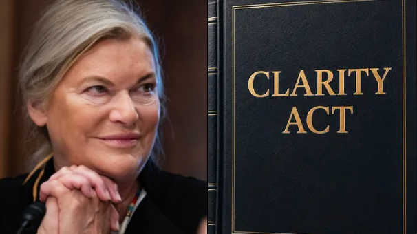 The image features a woman with gray hair, who appears to be a judge or lawyer, sitting behind a book titled "CLARITY ACT" that says "focus on what is in the image and how it relates to the post". The title of the book suggests that it might be related to cryptocurrency or financial regulations. The woman's expression conveys seriousness as she looks at something outside the frame.