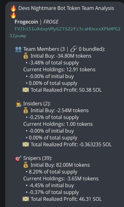 A Discord-style message from the Devs Nightmare Bot displays a team analysis for the Frogecoin ($FROGE) token with contract address FVZhiS1uXdxpVMyGZTS22fz3caHUxxxXPkHPG21Zpump, showing 3 team members (no bundled), 2 insiders with -0.36 SOL realized profit, and 39 snipers holding -3.65M tokens, supporting the post's claim that $FROGE has no snipers or insiders while top holders like Maverick, Ansem whale, Fundamentum, and Scharo dominate alongside a Binance-linked 51.1% CEX cluster and 2.2% time-linked clusters.