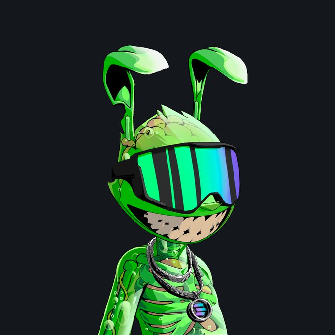 The image features a cartoon character wearing green googles, goggles, and possibly a tank top with bones underneath. It also includes other accessories such as a necklace around its neck and a pendant that could be an eye or other facial features. The scene is set against a stark black background which emphasizes the vibrant colors of the character's clothing and makeup. In the accompanying post, there are several phrases including "exposure complete drop sol wallet" and "24 hs". These words seem to describe the content and context of the image, suggesting that it may be related to some sort of online or digital art piece featuring a cartoon or anime-style character wearing futuristic clothing and accessories.