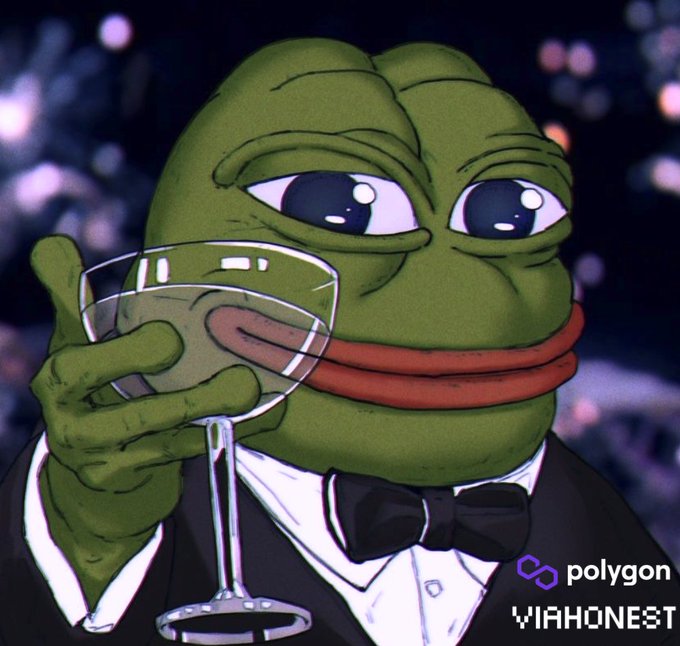 A polished Pepe the Frog character in a tuxedo holds up a wine glass in a sophisticated setting, with logos for "polygon" and "VIAHONEST" displayed in the bottom right corner, visually reinforcing the post's celebration of Polygon's transaction milestone.