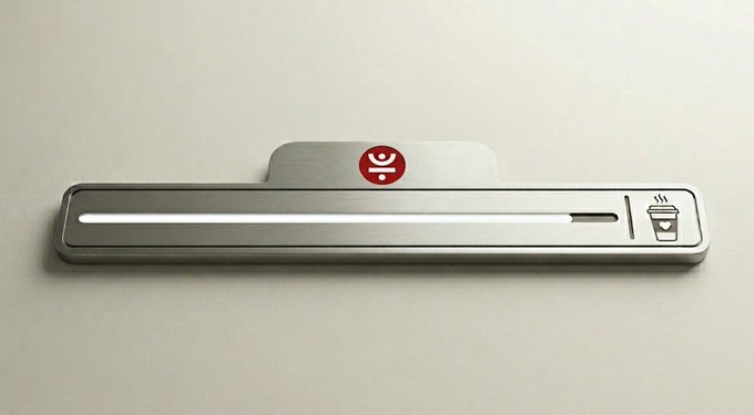 A sleek metallic device mounted on a wall featuring a horizontal light bar, a red circular logo with a stylized figure, and a coffee cup icon on the right side.