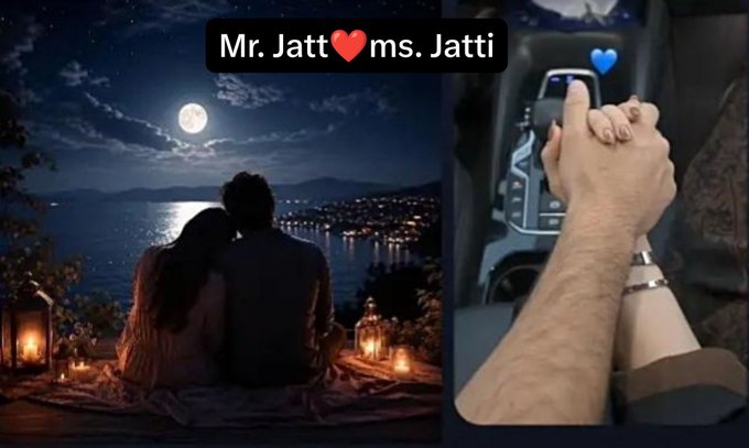 A romantic montage shows a couple silhouetted against a moonlit sea on the left, labeled "Mr. Jatt ❤️ ms. Jatti," and two hands holding each other inside a car on the right.