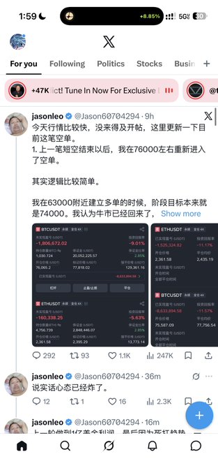 A smartphone screenshot of the X (Twitter) app showing a post from "jasonee" about Bitcoin trading, mentioning entering a short around 76,000 and a target of 74,000, accompanied by charts for BTCUSDT and ETHUSDT perpetuals.