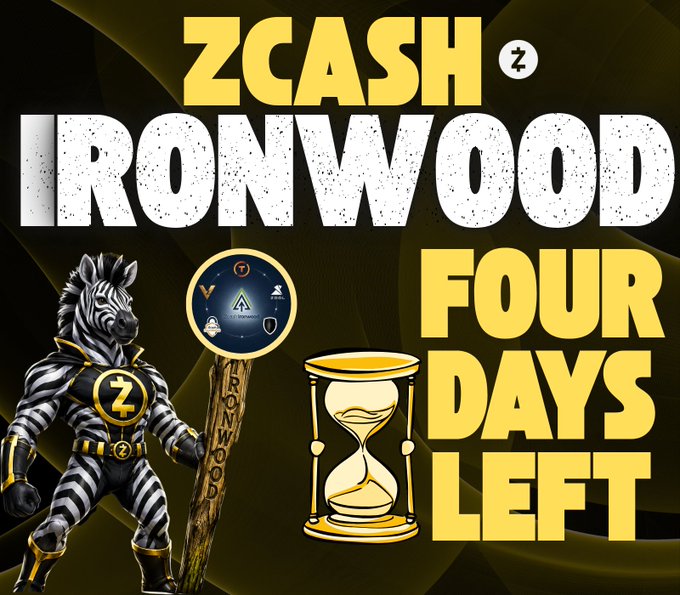 A promotional graphic for 'ZCASH IRONWOOD' featuring an anthropomorphic zebra in a gold and black suit, a 'ZCASH' medal, and an hourglass, with text reading 'FOUR DAYS LEFT'.
