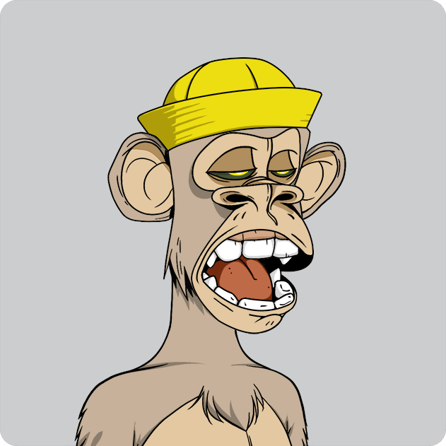 A cartoon illustration of a Bored Ape-style character wearing a yellow cap, with a gaping mouth showing its tongue and teeth.